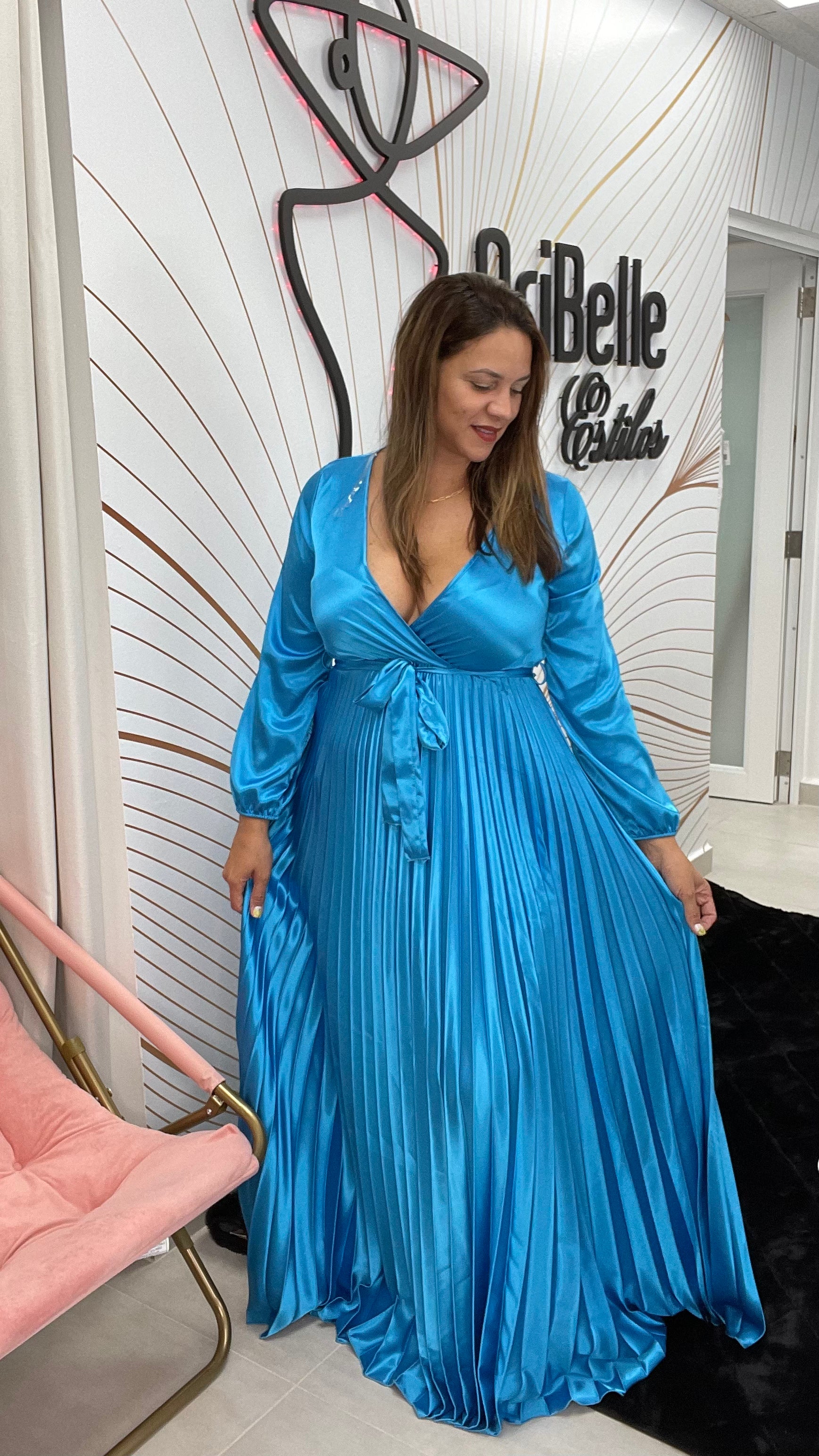 chinese dress ladies Turquoise Silk Satin Chic Evening Dress V-Neck Split Sleeceless Formal Dress main image 1