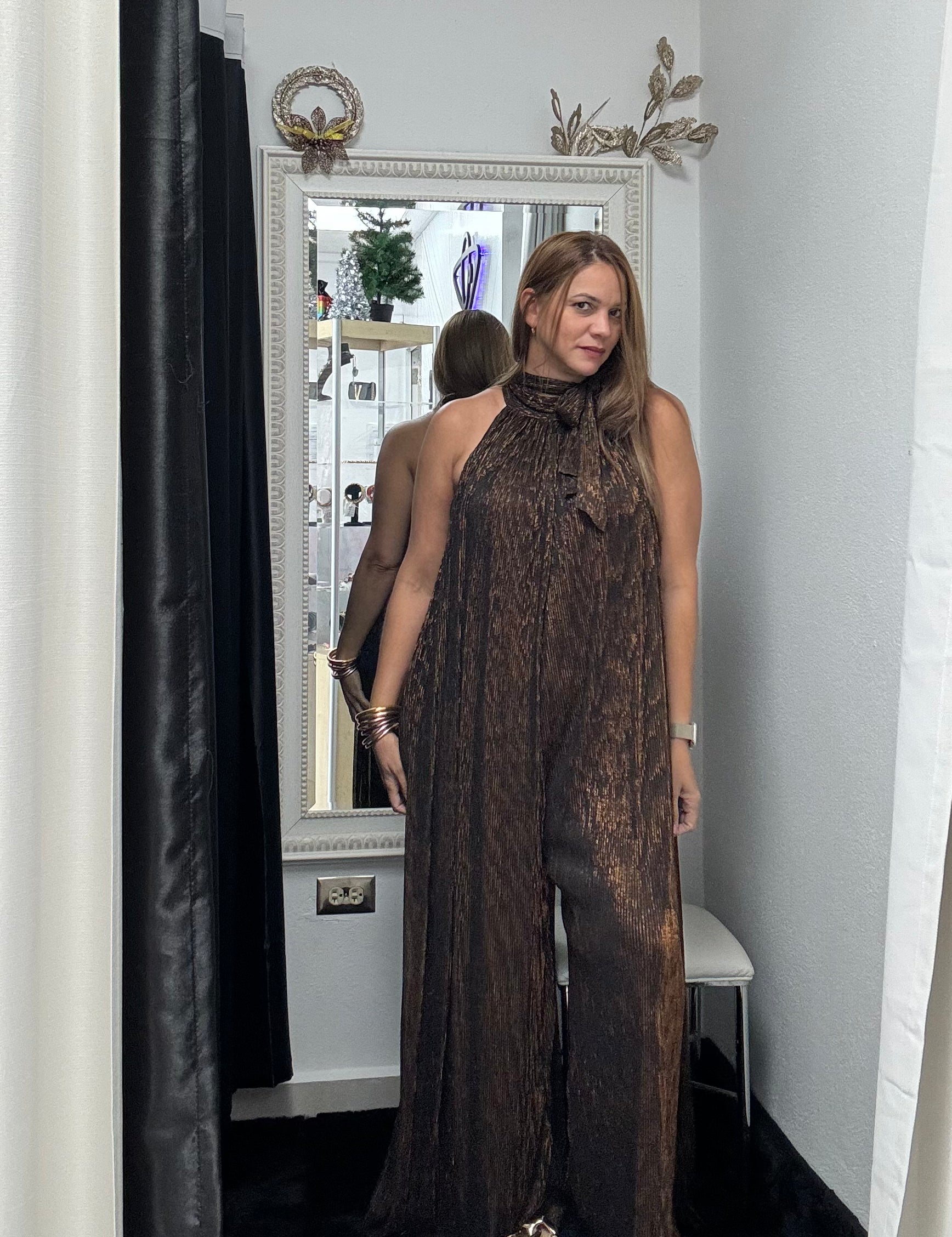 Bronzy Metallic Jumpsuit - Ari Belle Estilos