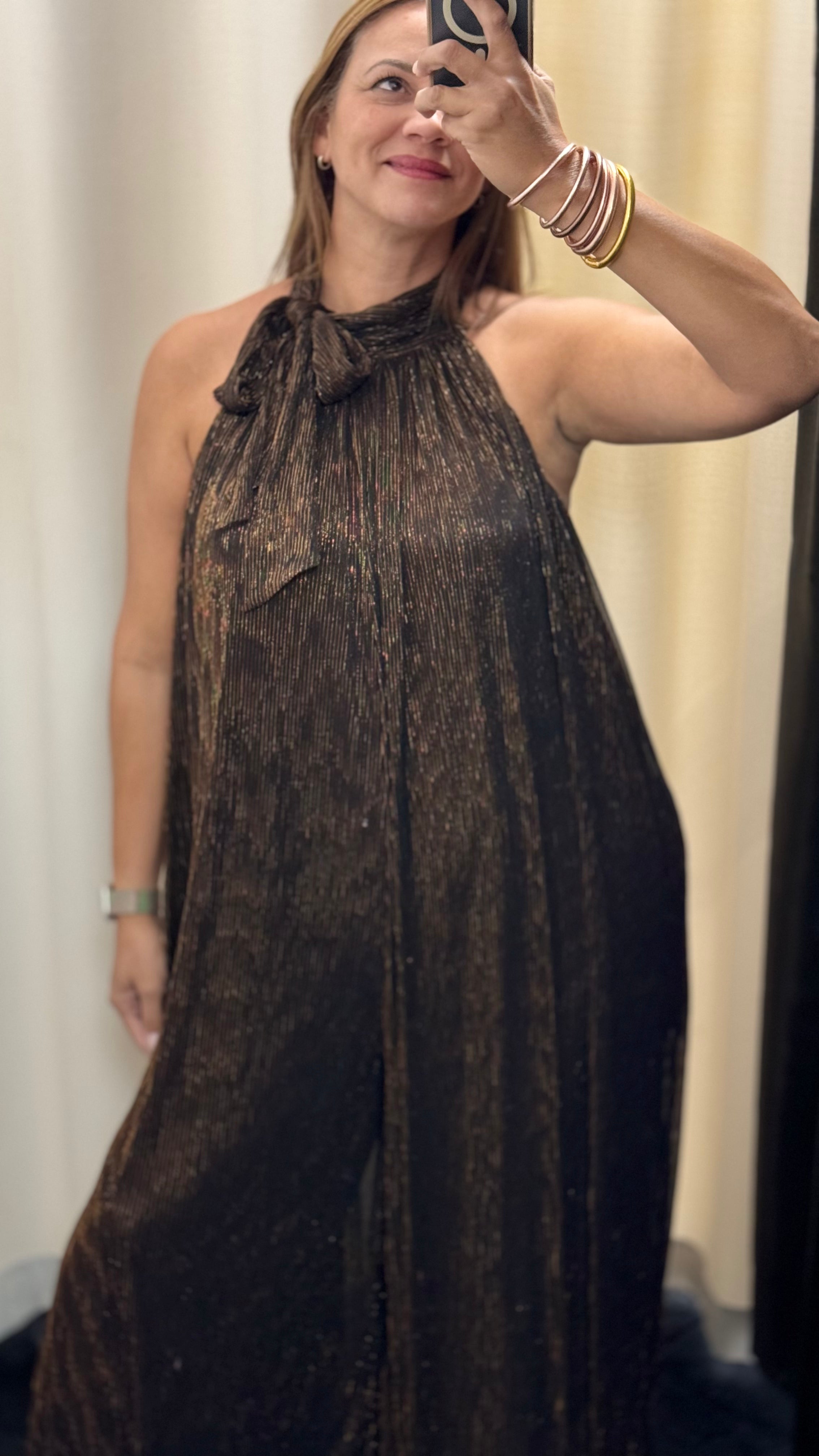 Bronzy Metallic Jumpsuit - Ari Belle Estilos