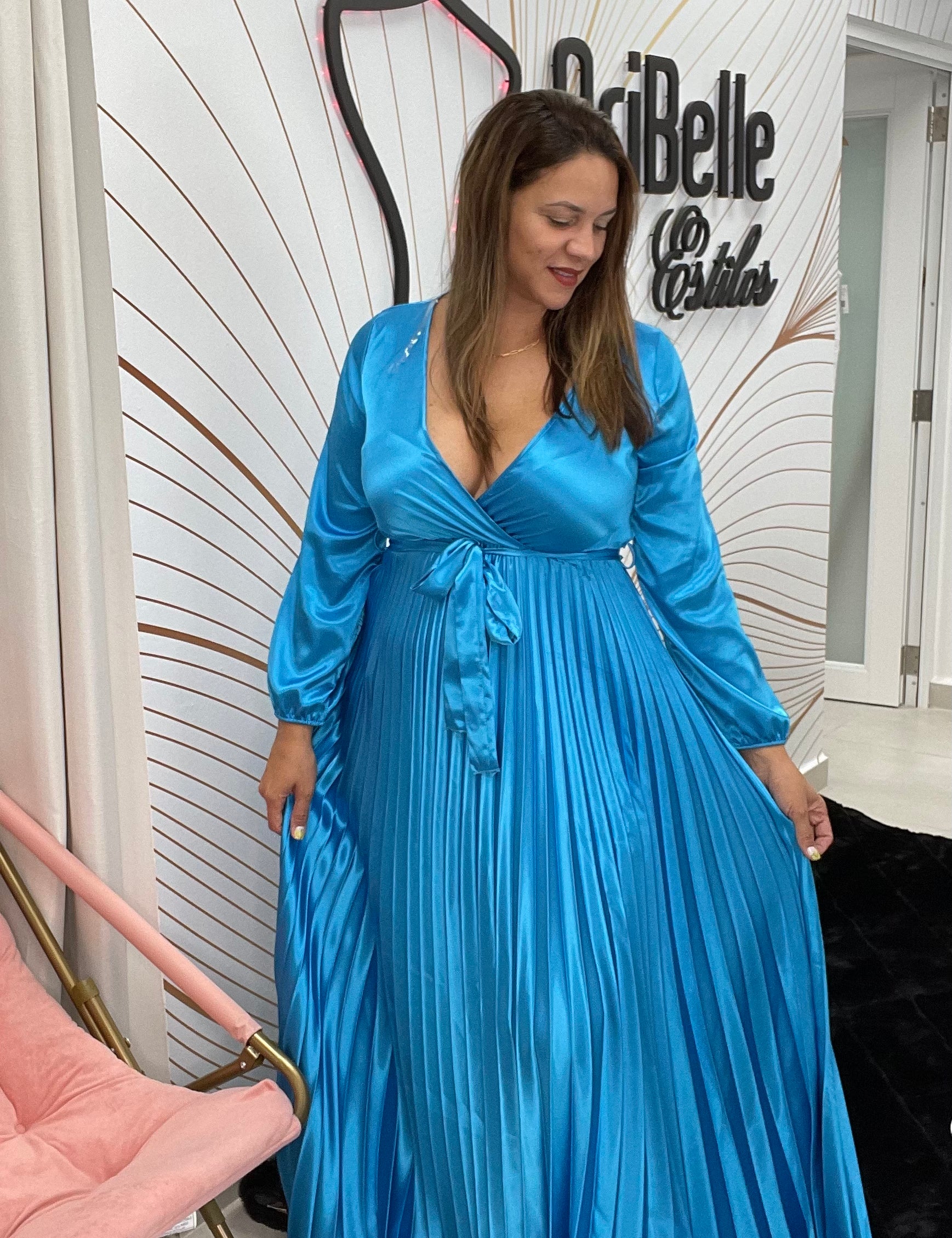 Turquoise Satin Dress - Ari Belle Estilos